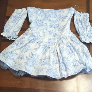 Blue Floral Off-Shoulder Dress with Sleeves